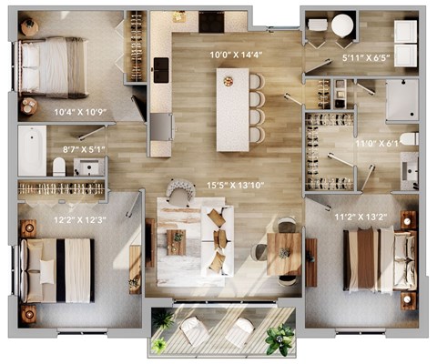 Floor plan for 3 beds, 2 baths, 1236 sqft